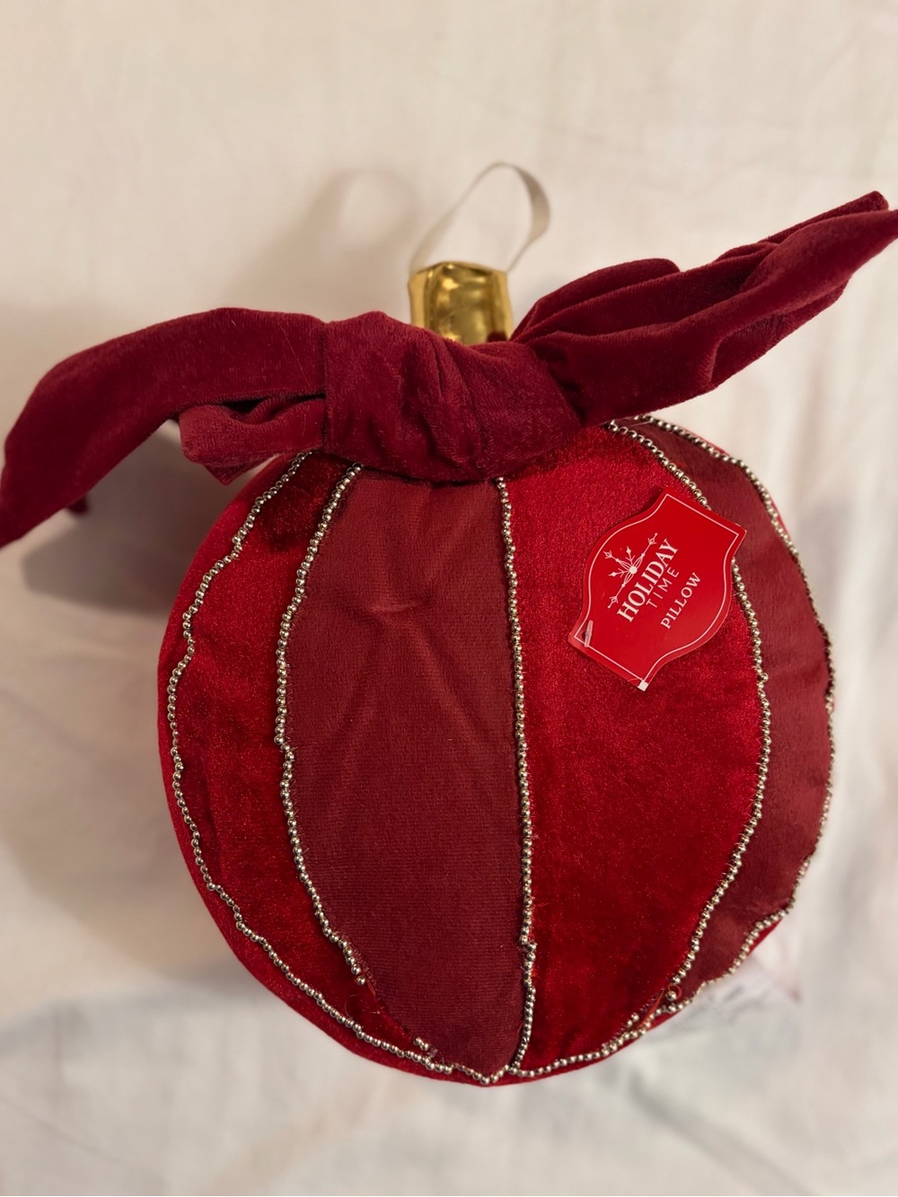 Holiday Time Red Velvet Ornament Pillow with Bow 10” New with Flaw